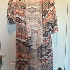 LuLaRoe Shirley kimono long layered cardigan duster. MEDIUM. Coral brown Aztec.